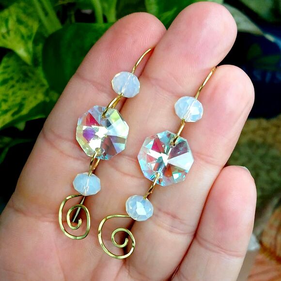 Statement Holographic Hammered Dangle Earrings, Rainbow Boho Swirl - Picture 1 of 9